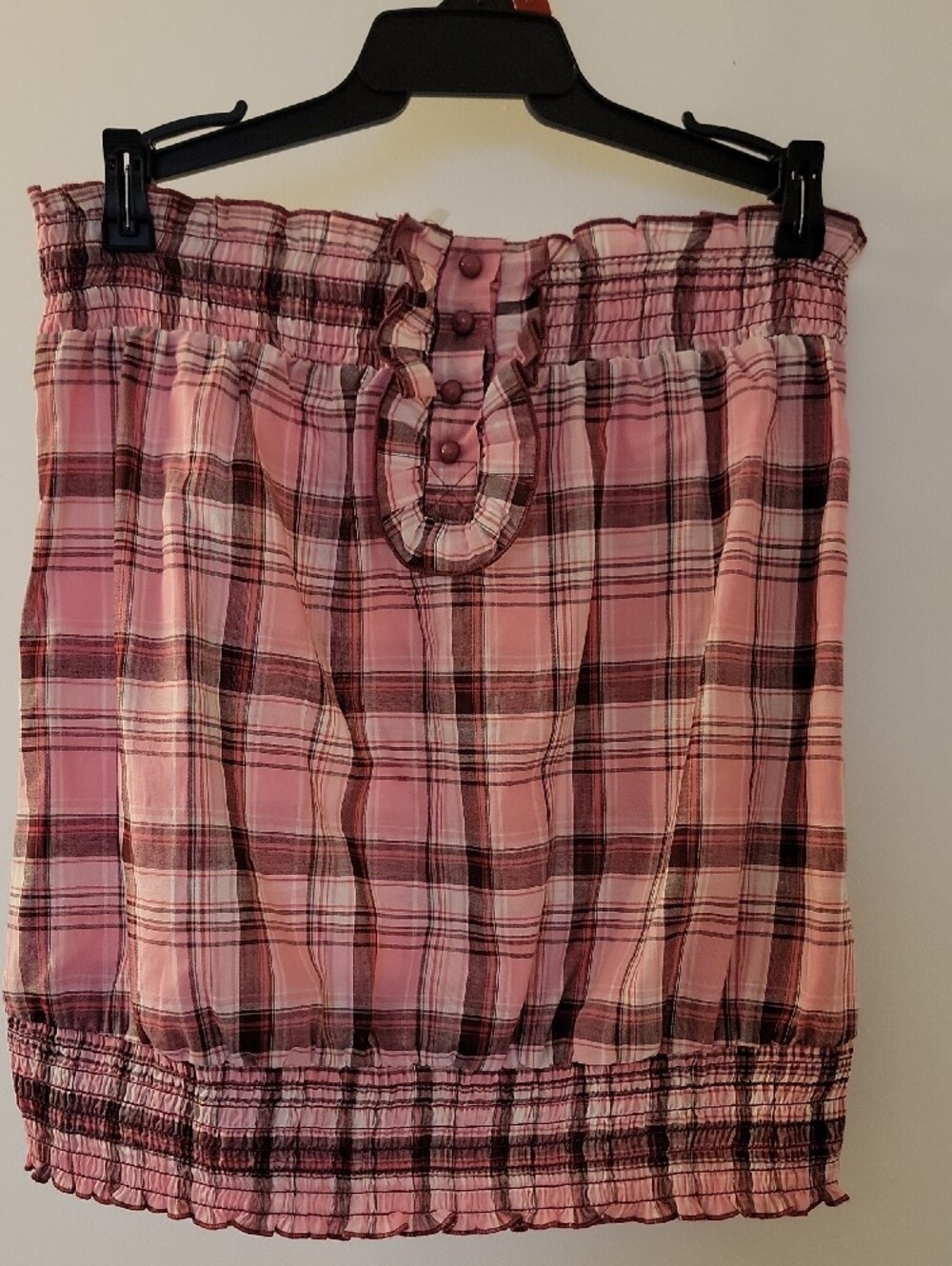 Max Rave Pink Plaid Smocked Strapless Top